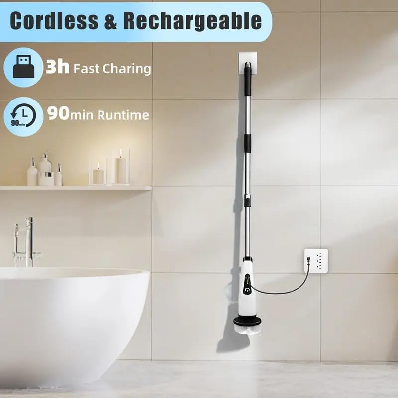 Electric Spin Scrubber, Cordless Shower Scrubber, IPX7 Waterproof Power Scrubber with 9 Replaceable Brush Heads, 5 Speed Electric Cleaning Brush, Extendable Handle for Bathroom, Tile, Tub, Floor, Kitchen Cleaning