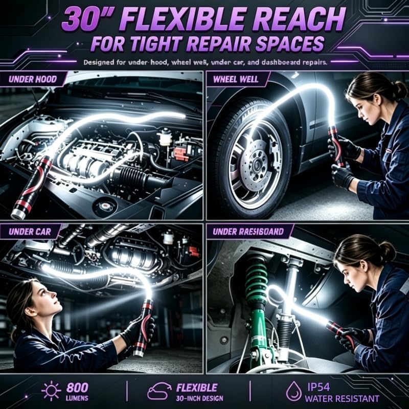 Flexible LED Light Stick 30 Inches, Rechargeable Bendable Work Light with 3 Adjustable Brightness Modes, High Lumen for Automotive Repairs Under Vehicle Hood, Workshop Tight Space and Outdoor Task Lighting,Back To School Use.lumens light