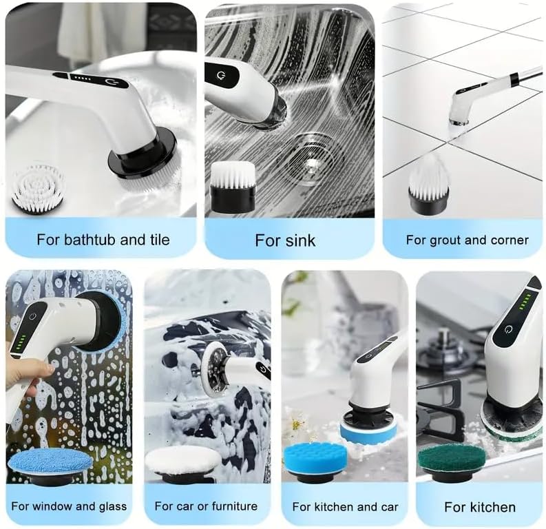 Electric Spin Scrubber, Cordless Shower Scrubber, IPX7 Waterproof Power Scrubber with 9 Replaceable Brush Heads, 5 Speed Electric Cleaning Brush, Extendable Handle for Bathroom, Tile, Tub, Floor, Kitchen Cleaning
