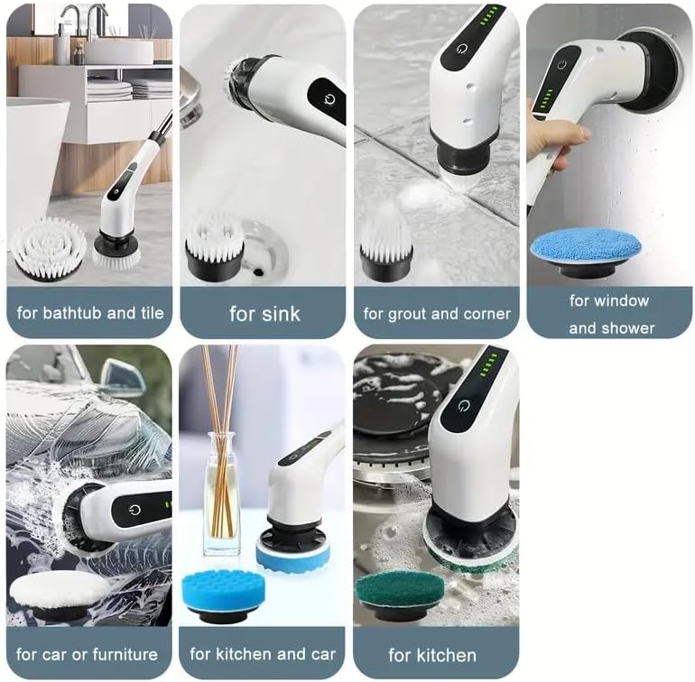 Electric Spin Scrubber, Cordless Shower Scrubber, IPX7 Waterproof Power Scrubber with 9 Replaceable Brush Heads, 5 Speed Electric Cleaning Brush, Extendable Handle for Bathroom, Tile, Tub, Floor, Kitchen Cleaning