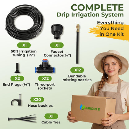 Automatic Drip Irrigation System - 50FT Length, 12 Adjustable Copper Nozzles - Watering Kit for Garden, Lawn, Potted Plants
