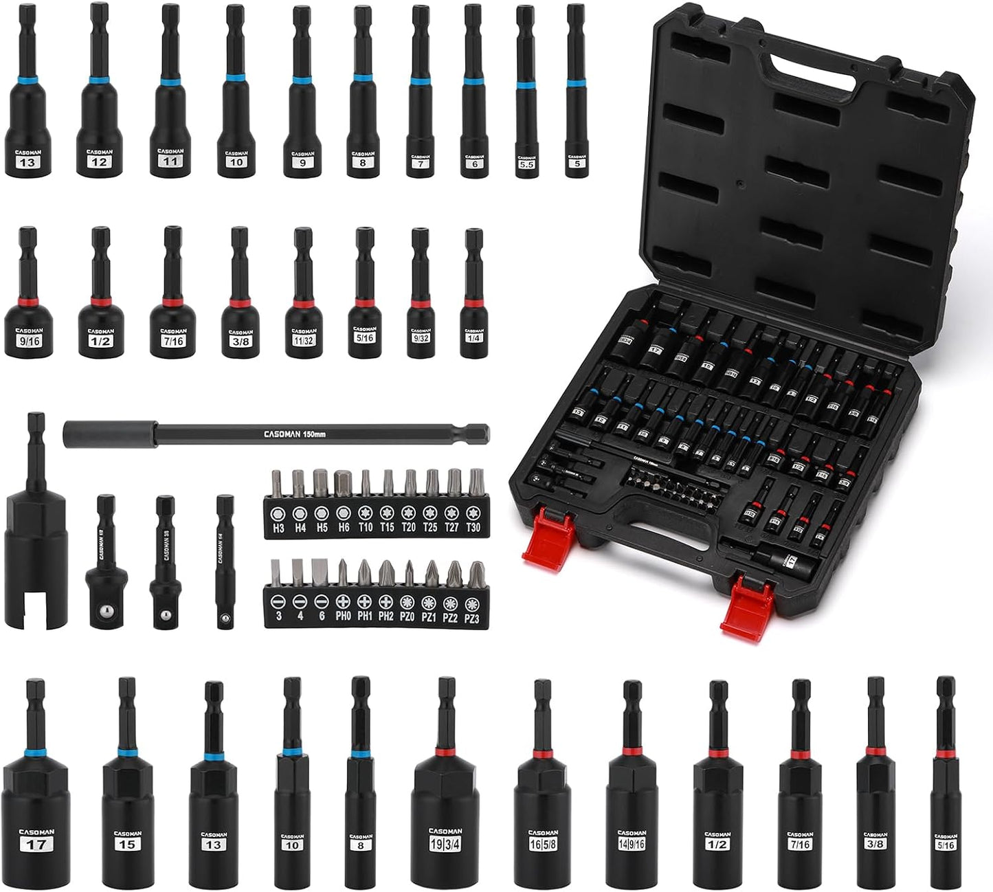 55-Piece Magnetic Nut Driver Set with Magnetic Screwdriver Bits for Impact Drill - Deep, Shallow, Metric/SAE, Bit Extension Bar, Socket Adapters, Wing Nut Driver, Tool Box - Manufacturer Warranty, Father's Day Gift
