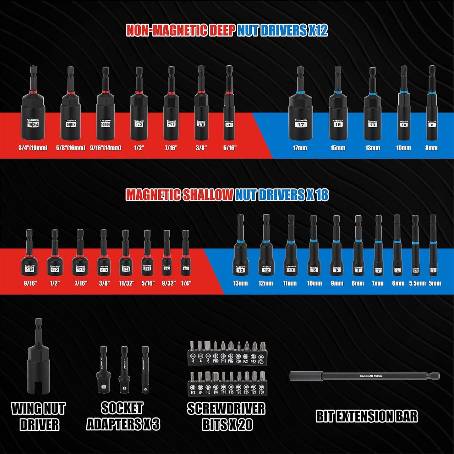 55-Piece Magnetic Nut Driver Set with Magnetic Screwdriver Bits for Impact Drill - Deep, Shallow, Metric/SAE, Bit Extension Bar, Socket Adapters, Wing Nut Driver, Tool Box - Manufacturer Warranty, Father's Day Gift