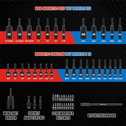 55-Piece Magnetic Nut Driver Set with Magnetic Screwdriver Bits for Impact Drill - Deep, Shallow, Metric/SAE, Bit Extension Bar, Socket Adapters, Wing Nut Driver, Tool Box - Manufacturer Warranty, Father's Day Gift