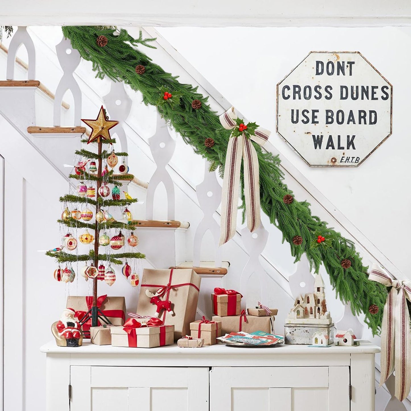 2 Pcs 6 FT Artificial Cedar Garlands, Real Touch Winter Cedar Cypress Garland, Gradient Green Artificial Greenery Pine Garland for Table, Mantle, Wall, Indoor, Outdoor Christmas Decoration