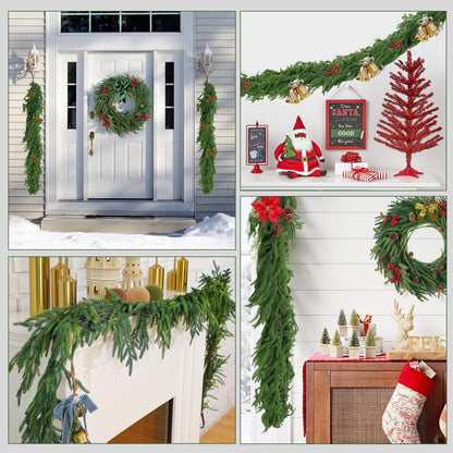 2 Pcs 6 FT Artificial Cedar Garlands, Real Touch Winter Cedar Cypress Garland, Gradient Green Artificial Greenery Pine Garland for Table, Mantle, Wall, Indoor, Outdoor Christmas Decoration