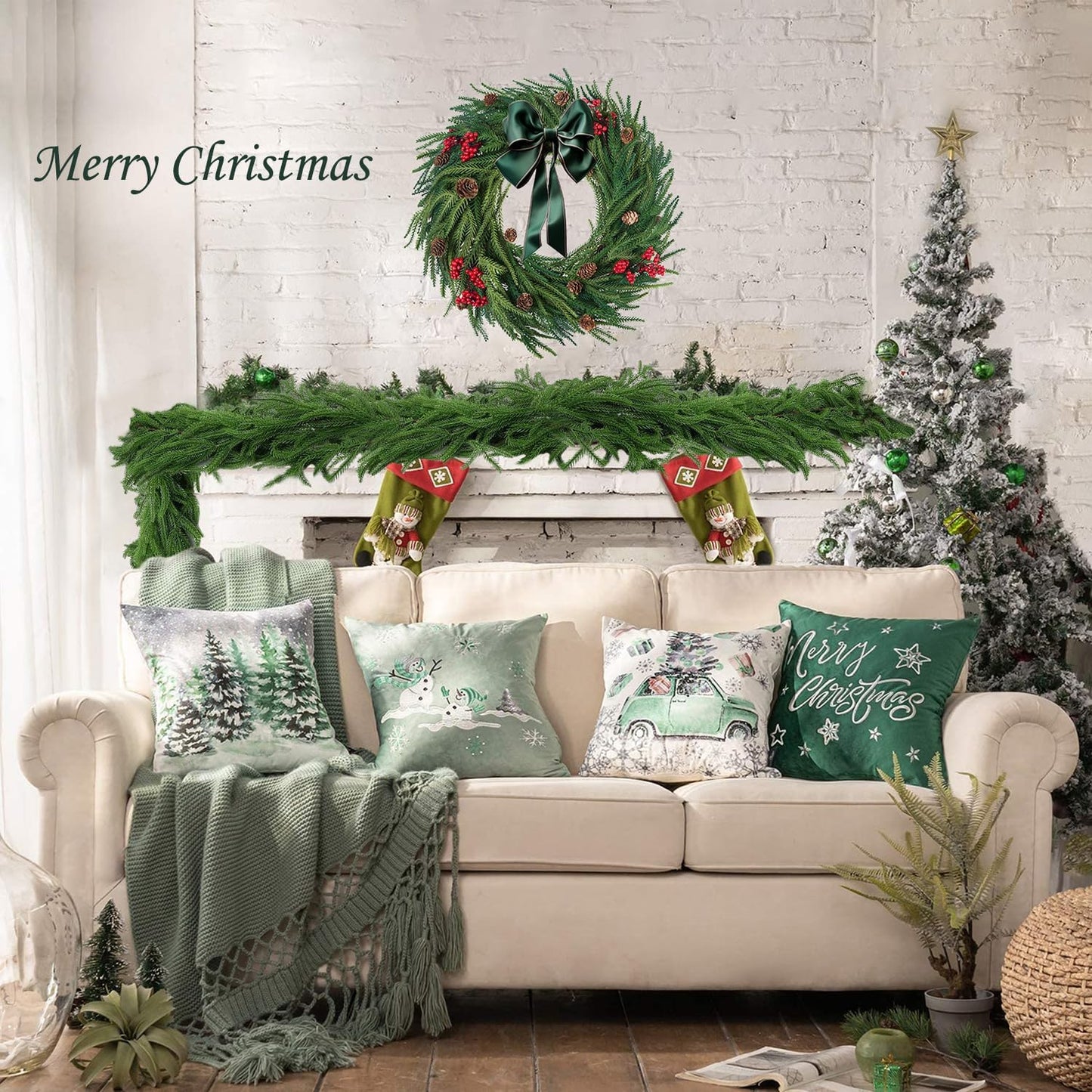 2 Pcs 6 FT Artificial Cedar Garlands, Real Touch Winter Cedar Cypress Garland, Gradient Green Artificial Greenery Pine Garland for Table, Mantle, Wall, Indoor, Outdoor Christmas Decoration
